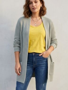 LOFT Open Long Cardigan Sweater 100% Cotton Sage Green with Pockets XL